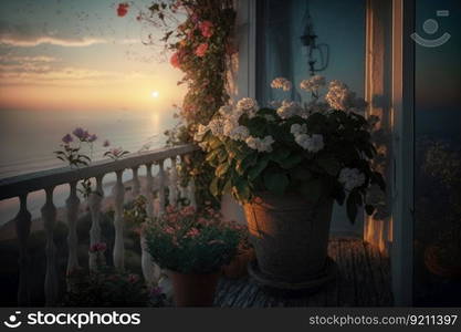 balcony with potted flowers, sunrise in the horizon, generative ai