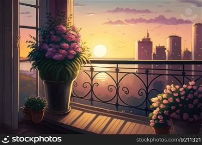 balcony with potted flowers, view of the city and sunset in the background, generative ai