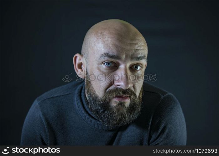 bald bearded mustache hipster. portrait. Blue eyes