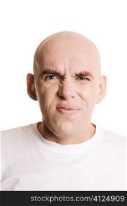 bald man isolated on white background, focus point on eyes