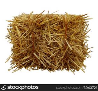 Bale of hay front view isolated on a white background as an agriculture farm and farming symbol of harvest time with dried grass straw as a bundled tied haystack.