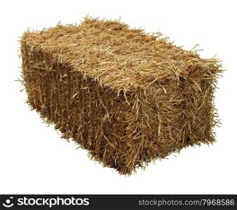 Bale of hay isolated on a white background as an agriculture farm and farming symbol of harvest time with dried grass straw as a bundled tied haystack.