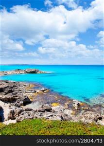 Balearic formentera island in escalo rocky beach and turquoise sea