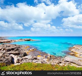 Balearic formentera island in escalo rocky beach and turquoise sea