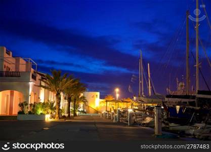 Balearic Formentera marina in night lights with yachts and palm trees in mediterranean