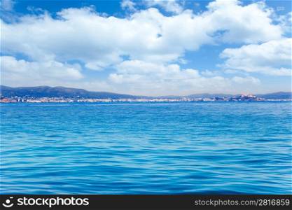Balearic Ibiza island general view from open sea in Mediterranean spain