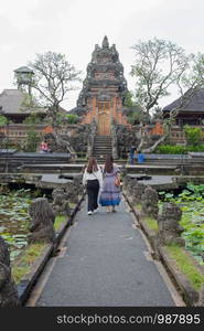 Bali Indonesia, 20 Sept 2019 Lotus pond and Pura Saraswati temple in Ubud