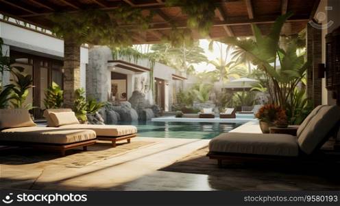 Bali style living room. The interior design of Indonesia indoor resort. Generative AI