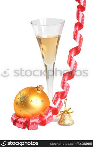 ball christmas and glass of wine isolated on white background