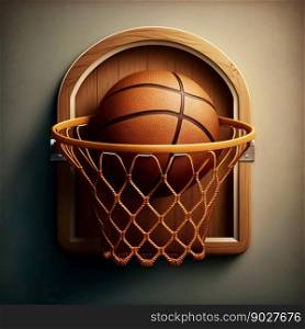 Ball in basketball hoop basket. Generative AI. High quality illustration. Ball in basketball hoop basket. Generative AI