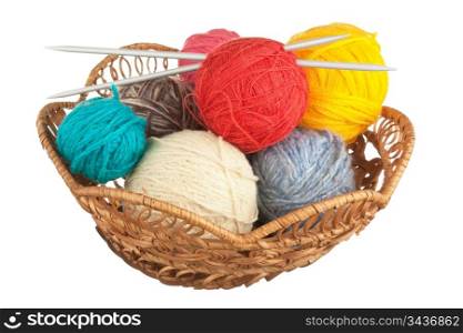ball of wool and knitting needles in basket isolated on a white background