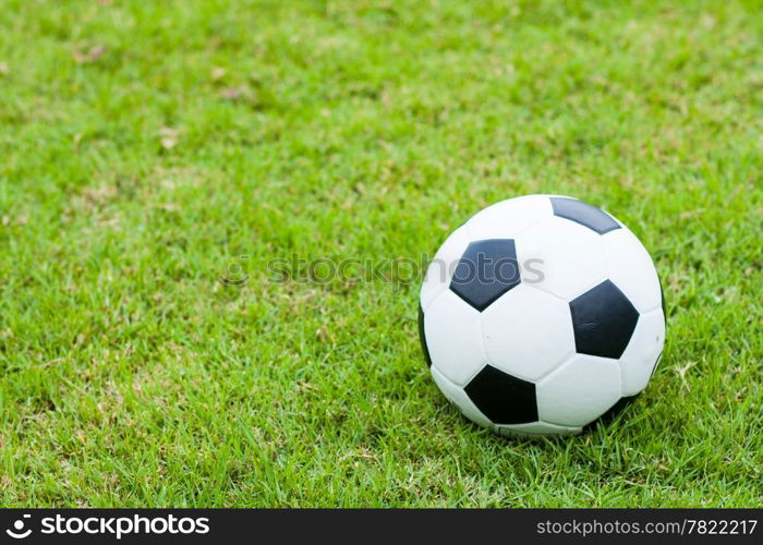 ball on grass. Black and white ball is placed on the football field.