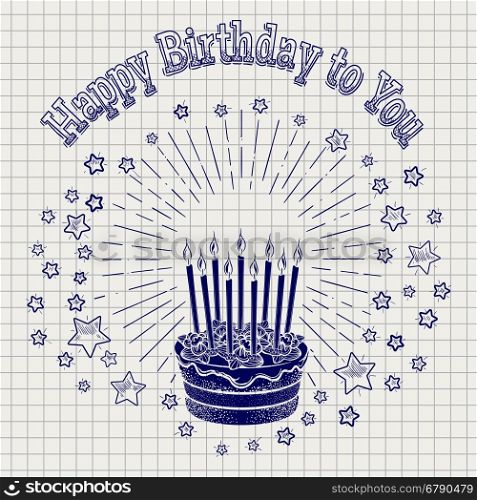 Ball pen sketch birthday cake. Ball pen sketch birthday cake with candles stars and greetings lettering on notebook background. Vector illustration