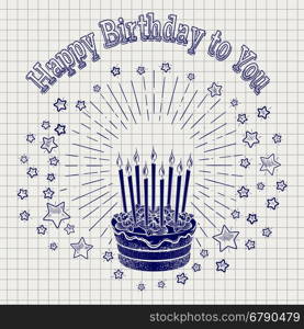 Ball pen sketch birthday cake. Ball pen sketch birthday cake with candles stars and greetings lettering on notebook background. Vector illustration