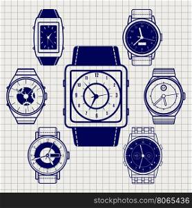 Ball pen watch icons set. Ball pen watch icons set on notebook page. Vector illustration