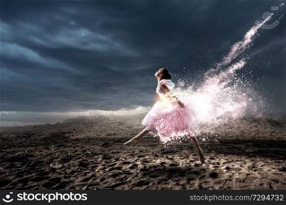 Ballerina kid girl in pink dress dancing. Mixed media. Dreaming to become ballerina. Mixed media