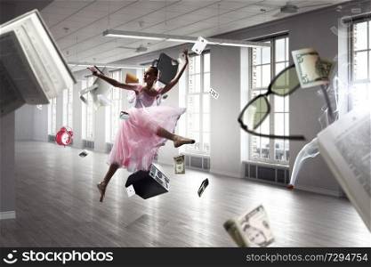 Ballerina kid girl in pink dress dancing. Mixed media. Dreaming to become ballerina. Mixed media