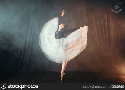 Ballet dancer in motion on the stage in theatre. Graceful ballerina training in class