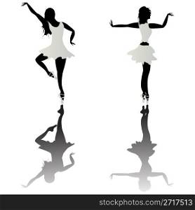Ballet dancer silhouettes and reflection over white background