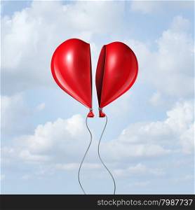 Balloon heart coming together as a valentine symbol and I love you concept with two halves of a divided helium red bubble floating in the sky creating a romantic union.