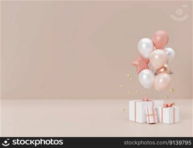 Balloons and presents on cream background. Free, copy space for text or other design objects. Template for birthday, celebration, event card. Mothers Day, Womens Day. 3d rendering. Balloons and presents on cream background. Free, copy space for text or other design objects. Template for birthday, celebration, event card. Mothers Day, Womens Day. 3d rendering.