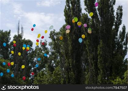 balloons in the sky against trees and the sky, the last call school