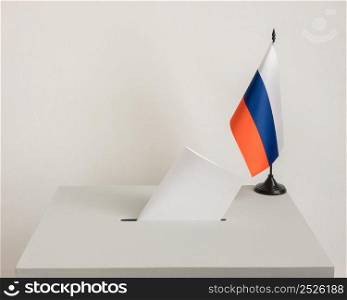 Ballot box with national flag of Russia. Presidential election in 2018. the Russian tricolor flag