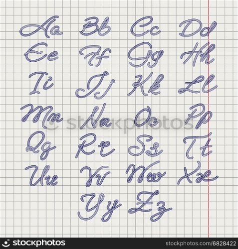 Ballpoin drawing rope alphabet. Ballpoin drawing rope alphabet on notebook page. Vector illustration