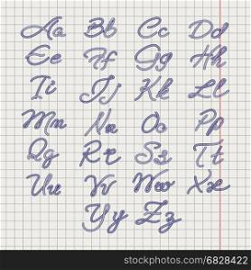 Ballpoin drawing rope alphabet. Ballpoin drawing rope alphabet on notebook page. Vector illustration