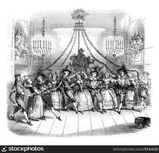 Ballroom May gives Versailles during the carnival of the year 1763, vintage engraved illustration. Magasin Pittoresque 1844.