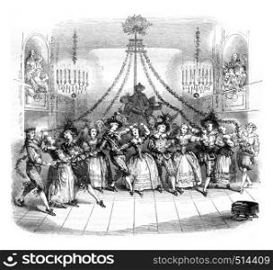 Ballroom May gives Versailles during the carnival of the year 1763, vintage engraved illustration. Magasin Pittoresque 1844.