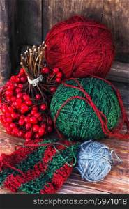 Balls of wool for knitting. few skeins of wool yarn segment associated tissue