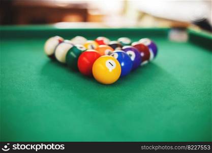 balls on a billiard table in a triangle. game of American billiards