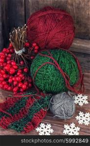 Balls wool for knitting. few skeins of wool yarn segment associated tissue