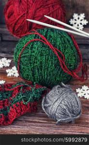 Balls wool for knitting. few skeins of wool yarn segment associated tissue