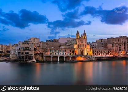 Balluta Bay and Church of Our Lady of Mount Carmel in the Evening, Saint Julian, Malta