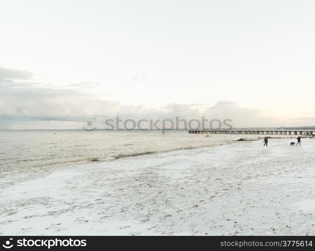 Baltic sea bay Gdynia pier in Orlowo Poland. Beautiful winter landscape