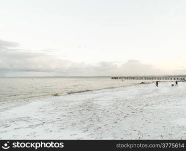 Baltic sea bay Gdynia pier in Orlowo Poland. Beautiful winter landscape