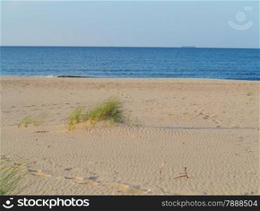 Baltic sea with grassy sand dunes in the foreground. Beach and water.