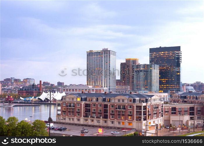 Baltimore, Maryland, United States - Condo and office and apartment buildings on Baltimore Inner Harbor.