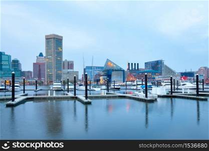 Baltimore, Maryland, United States ? Downtown city skyline at the Inner Harbor and Baltimore National Aquarium.