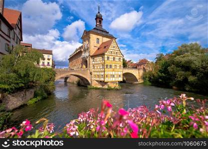 Bamberg. Scenic view of Old Town Hall of Bamberg (Altes Rathaus) with two bridges over the Regnitz river, Bavaria region of Germany
