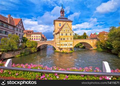 Bamberg. Scenic view of Old Town Hall of Bamberg (Altes Rathaus) with two bridges over the Regnitz river, Upper Franconia, Bavaria region of Germany