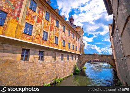 Bamberg. Scenic view of Old Town Hall of Bamberg (Altes Rathaus) with bridges over the Regnitz river, Upper Franconia, Bavaria region of Germany