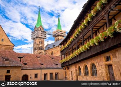 Bamberger Dom or Bamberg cathedral towers and streets of old town view, Bavaria region of Germany