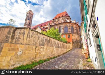 Bamberger Dom or Bamberg church tower and streets of old town view, Bavaria region of Germany