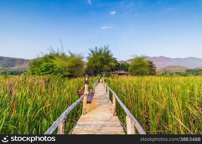 Bamboo bridge near reservoir with mountain and sky view in Kanchanaburi,Thailand