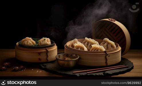 Bamboo container with chines dumplings Generative AI