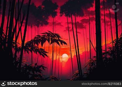 bamboo forest during sunset, with orange and red hues illuminating the sky, created with generative ai. bamboo forest during sunset, with orange and red hues illuminating the sky