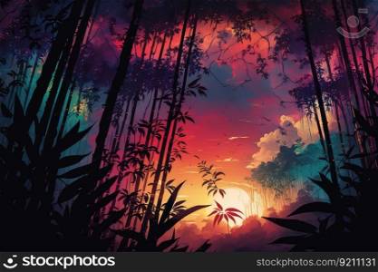 bamboo forest during sunset, with rich colors of the sky and clouds, created with generative ai. bamboo forest during sunset, with rich colors of the sky and clouds